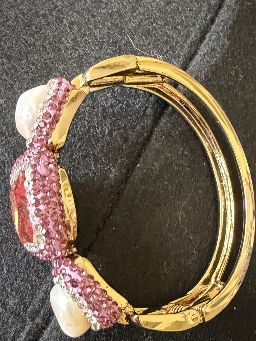 Source Unknown Gold-Tone Hinged Bangle With Pink Crystals And Pearl Accents